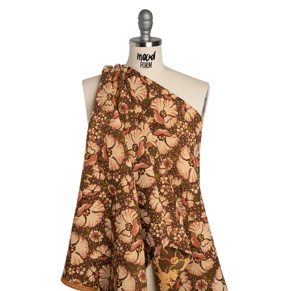 Polyester and Cotton Jacquard Made in Italy - Dark Peach, Mustard Yellow and Brown Floral - Deadstock Polyester and Cotton Jacquard Made in Italy - Dark Peach, Mustard Yellow and Brown Floral - Deadstock