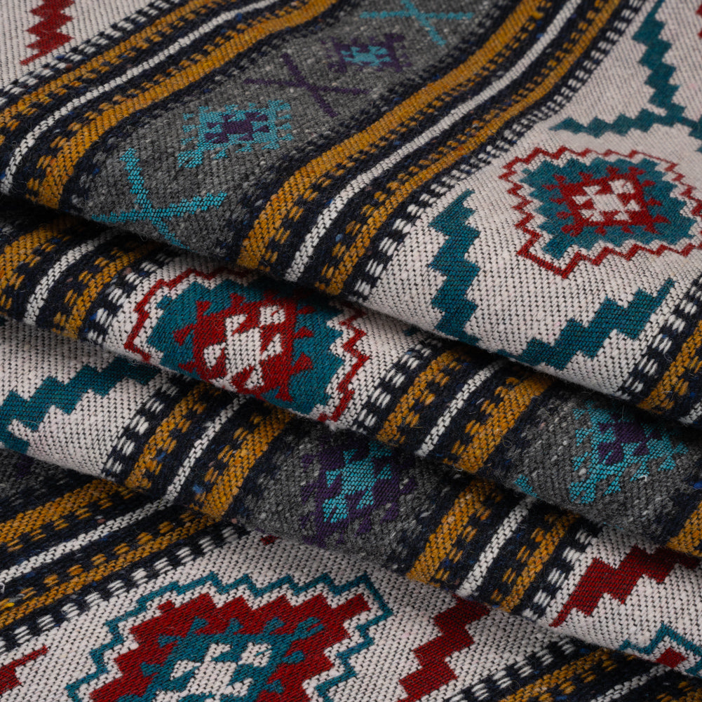 Heavy Wool Blend Jacquard - Turquoise, Mustard Yellow and Red Southwestern Geometric Stripes - Deadstock - Folded Heavy Wool Blend Jacquard - Turquoise, Mustard Yellow and Red Southwestern Geometric Stripes - Deadstock - Folded