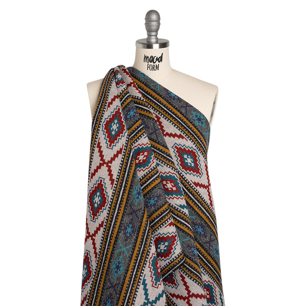 Heavy Wool Blend Jacquard - Turquoise, Mustard Yellow and Red Southwestern Geometric Stripes - Deadstock - Drape Heavy Wool Blend Jacquard - Turquoise, Mustard Yellow and Red Southwestern Geometric Stripes - Deadstock - Drape