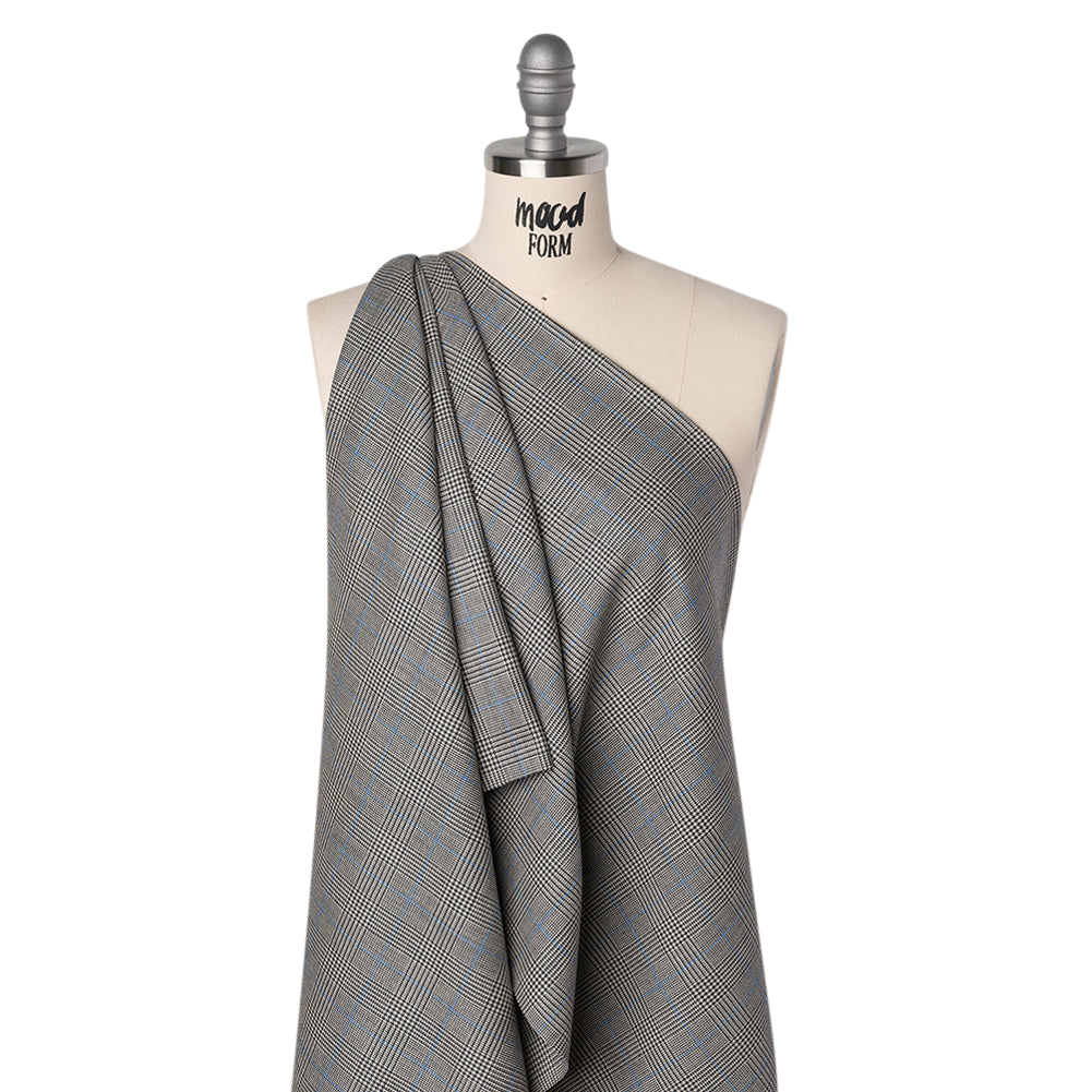 Wool Suiting Made in Italy - Black, White and Sky Blue Glen Plaid - Deadstock Wool Suiting Made in Italy - Black, White and Sky Blue Glen Plaid - Deadstock