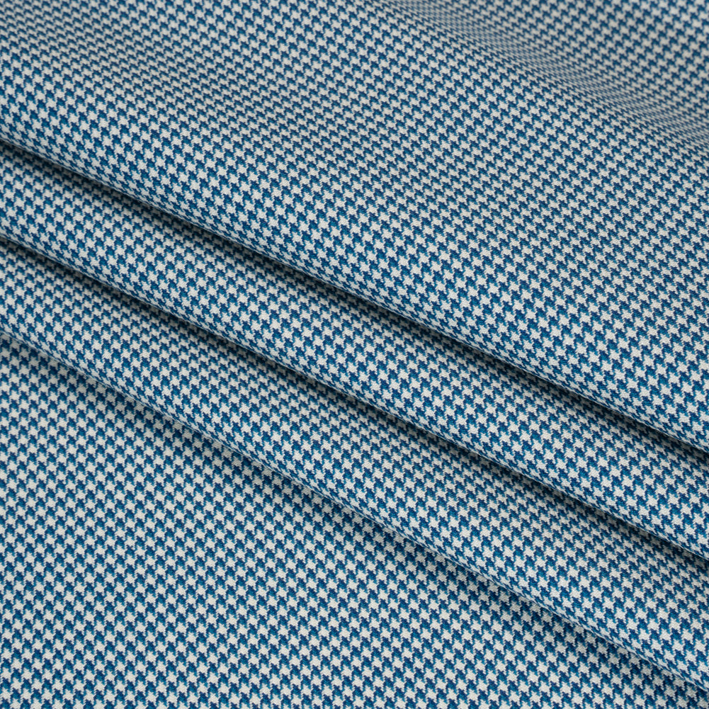 Wool Twill Suiting by Alexander McQueen - Blue, Teal and White Houndstooth - Designer Deadstock - Folded Wool Twill Suiting by Alexander McQueen - Blue, Teal and White Houndstooth - Designer Deadstock - Folded
