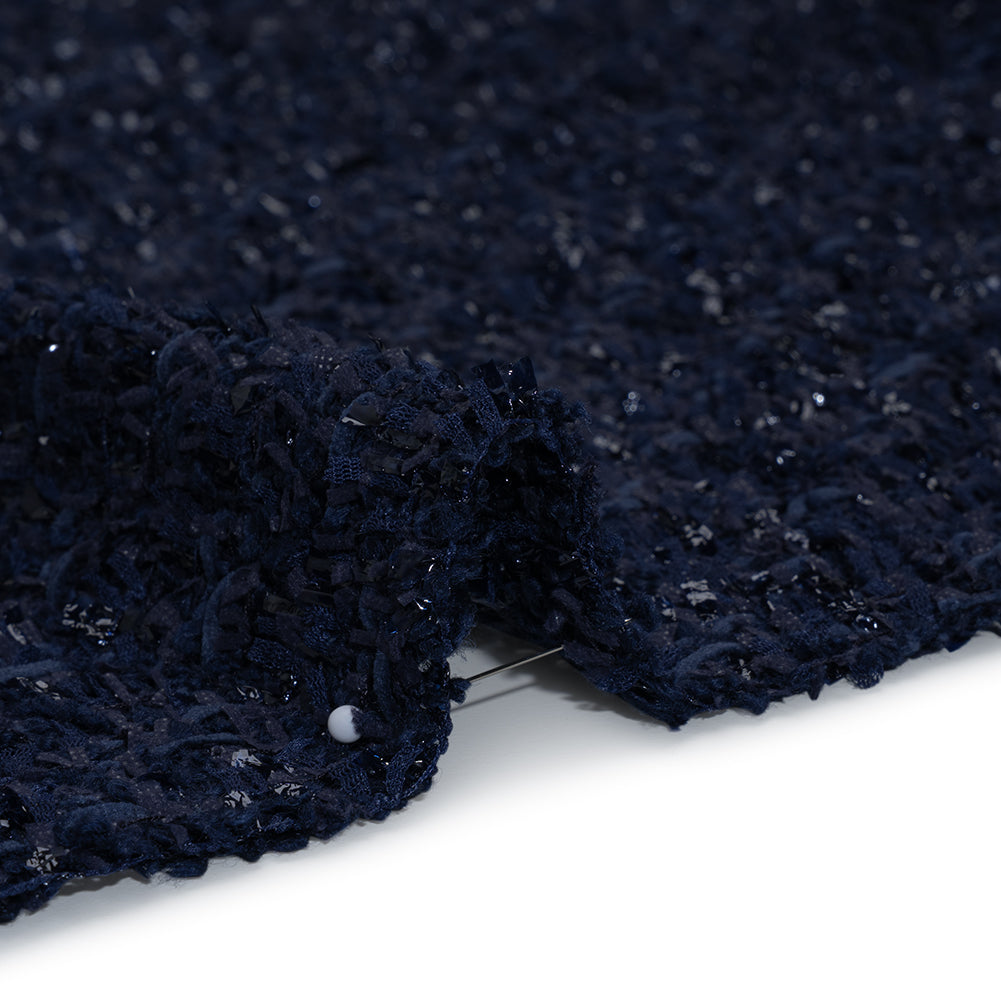 Wool Blend Tweed Boucle by Balenciaga - Navy with Metallic Yarns - Designer Deadstock Detail Wool Blend Tweed Boucle by Balenciaga - Navy with Metallic Yarns - Designer Deadstock Detail