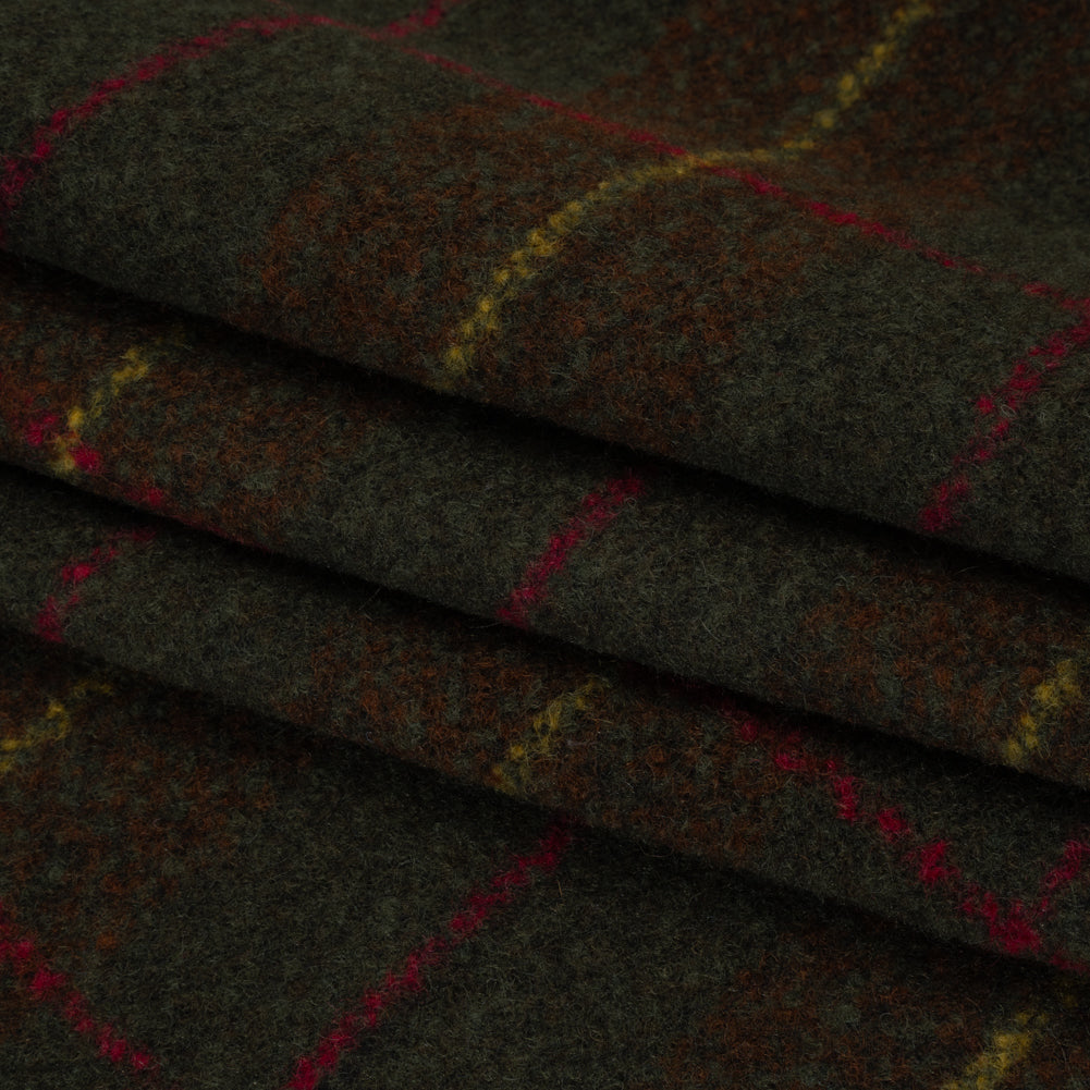 Brushed Tweedy Wool Boucle Coating - Green, Brown and Yellow Plaid - Deadstock Brushed Tweedy Wool Boucle Coating - Green, Brown and Yellow Plaid - Deadstock