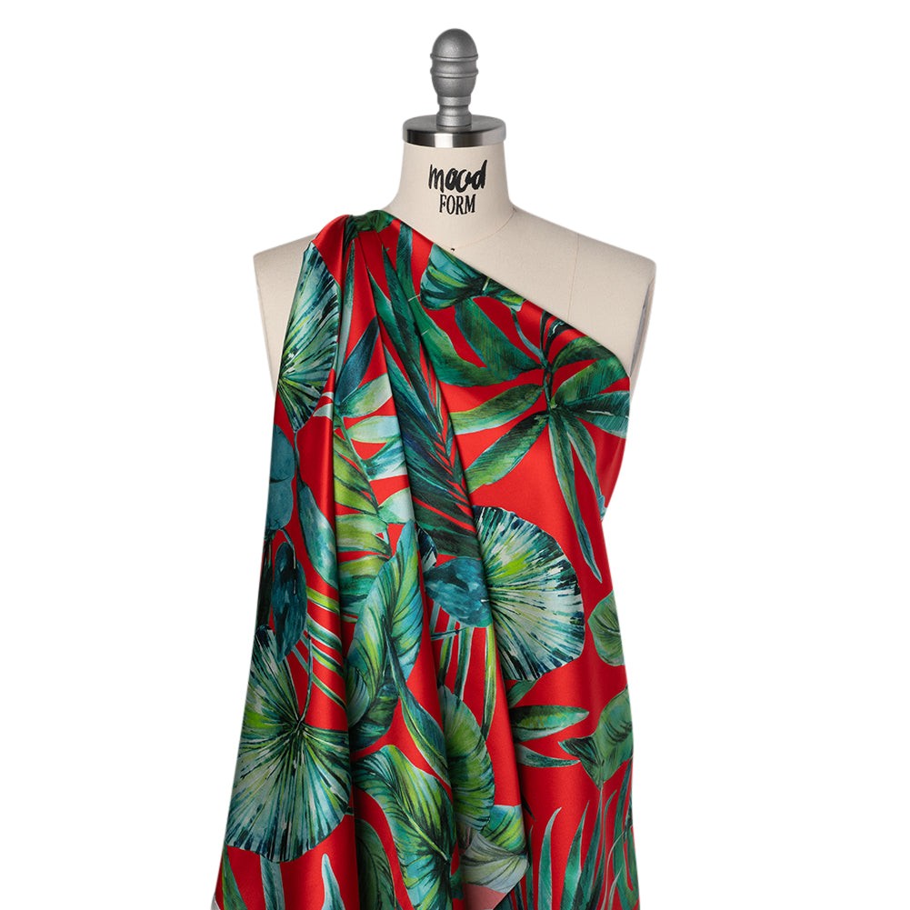 Silk Charmeuse Print 16MM, Made in Italy - Red and Green Tropical Leaves Folded Silk Charmeuse Print 16MM, Made in Italy - Red and Green Tropical Leaves Folded
