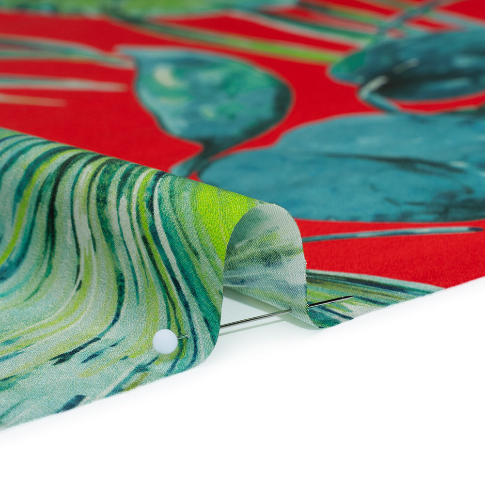 Silk Charmeuse Print 16MM, Made in Italy - Red and Green Tropical Leaves Full Silk Charmeuse Print 16MM, Made in Italy - Red and Green Tropical Leaves Full