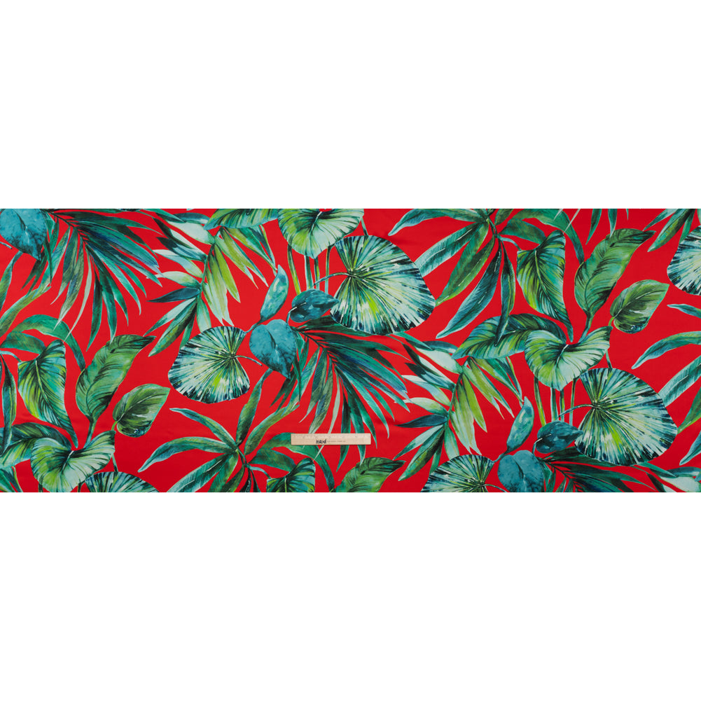 Silk Charmeuse Print 16MM, Made in Italy - Red and Green Tropical Leaves Silk Charmeuse Print 16MM, Made in Italy - Red and Green Tropical Leaves