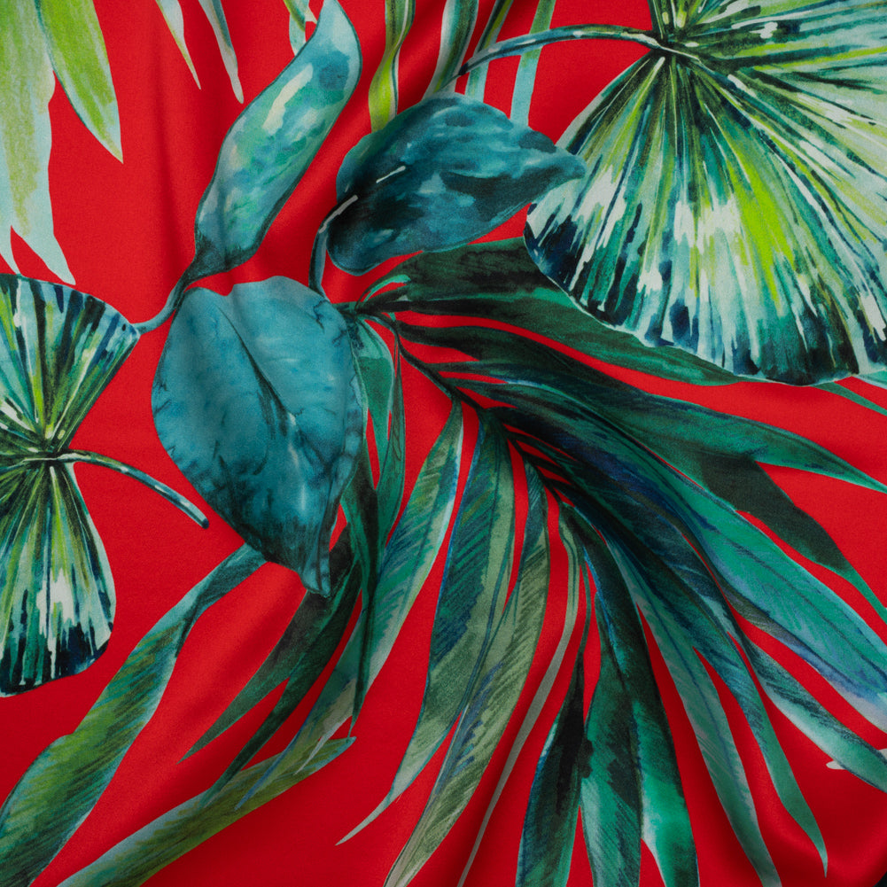 Silk Charmeuse Print 16MM, Made in Italy - Red and Green Tropical Leaves Drape Silk Charmeuse Print 16MM, Made in Italy - Red and Green Tropical Leaves Drape