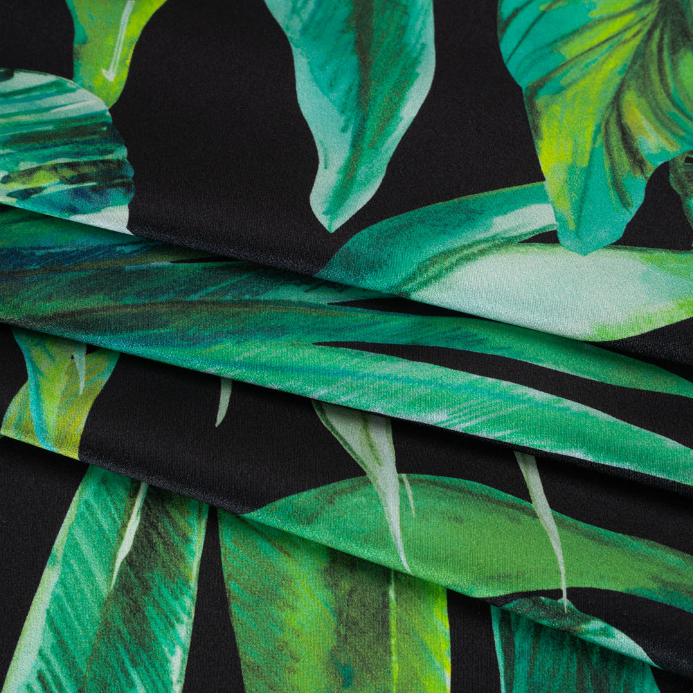 Silk Charmeuse Print 16MM, Made in Italy - Black and Green Tropical Leaves - Detail Silk Charmeuse Print 16MM, Made in Italy - Black and Green Tropical Leaves - Detail