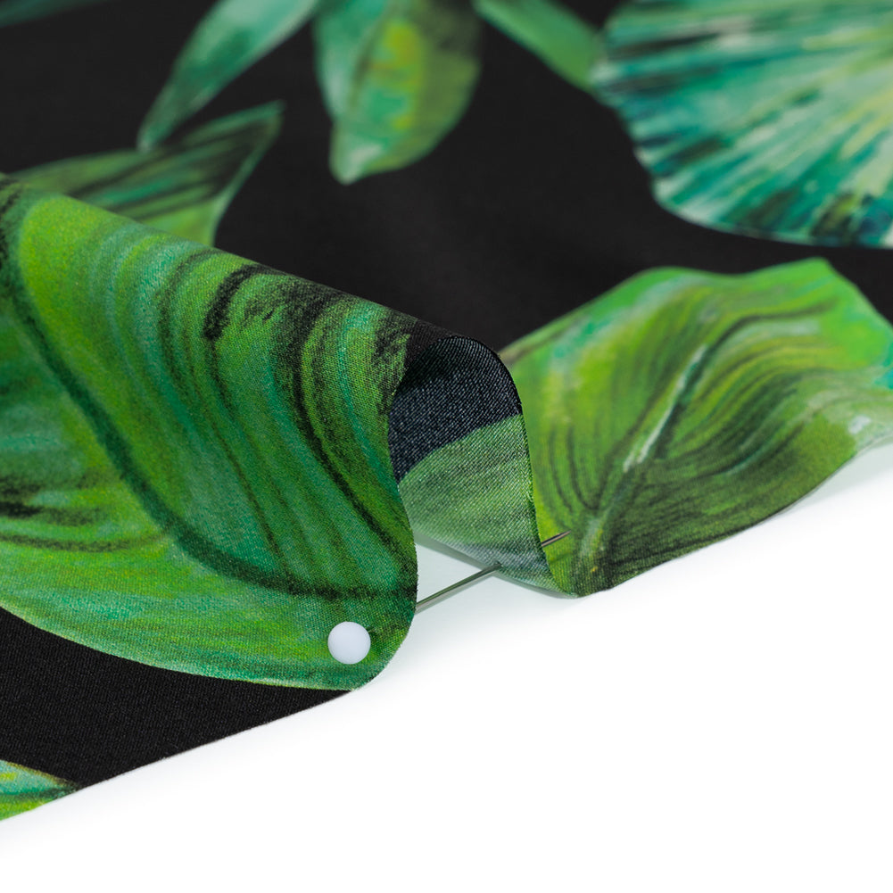 Silk Charmeuse Print 16MM, Made in Italy - Black and Green Tropical Leaves - Full Silk Charmeuse Print 16MM, Made in Italy - Black and Green Tropical Leaves - Full