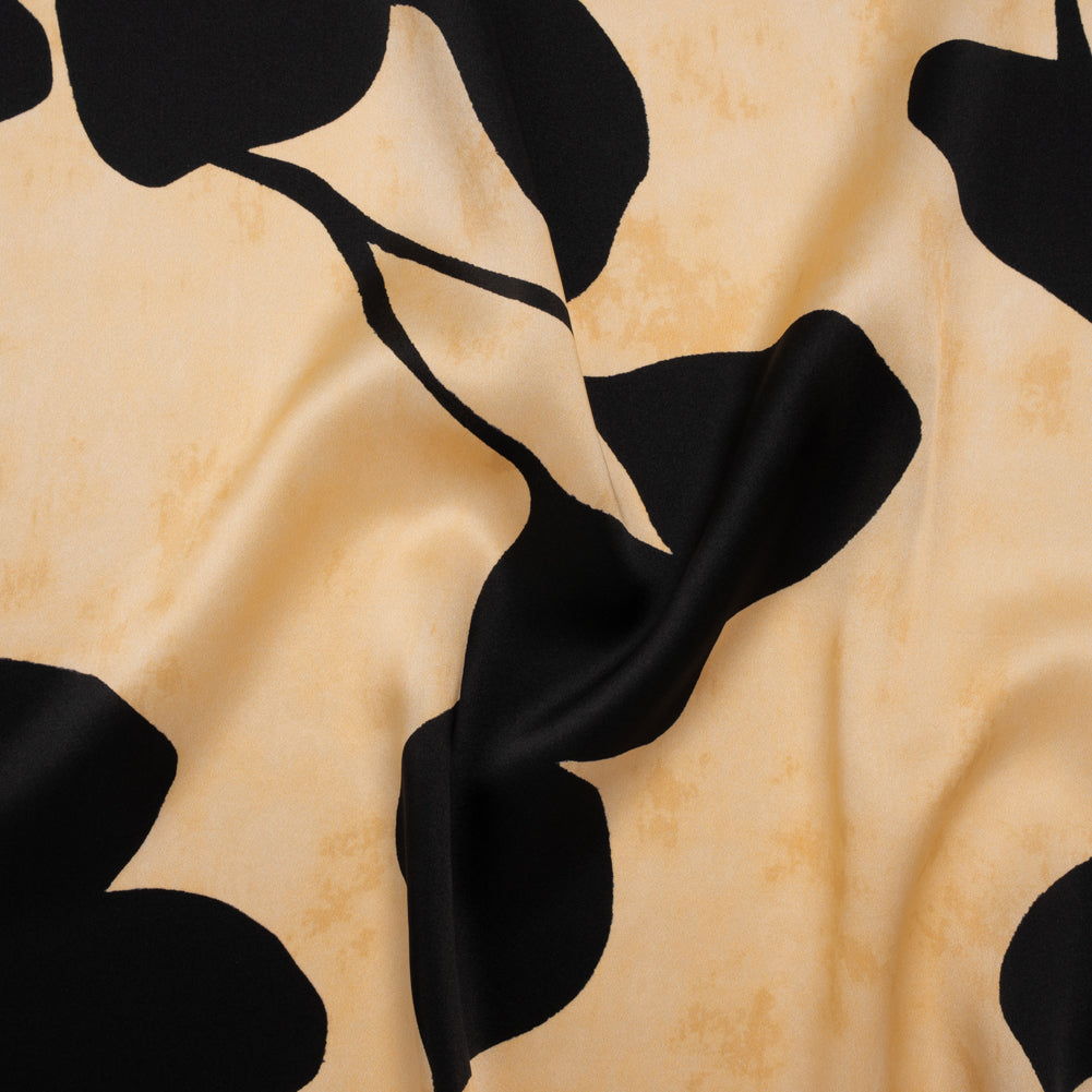Silk Charmeuse Print 16MM, Made in Italy - Mottled Beige and Black Plant Silhouettes Border Drape Silk Charmeuse Print 16MM, Made in Italy - Mottled Beige and Black Plant Silhouettes Border Drape