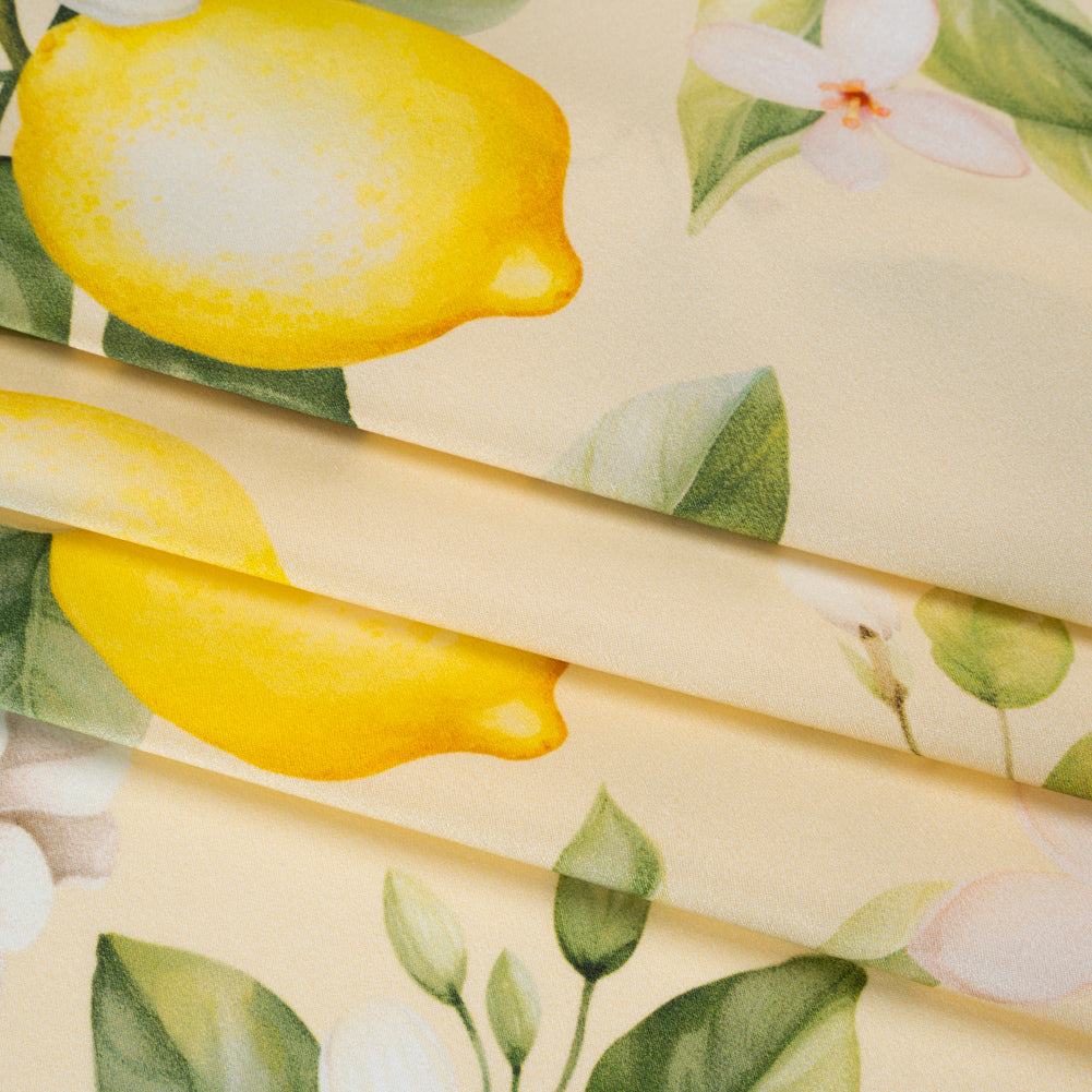Silk Charmeuse Print 16MM, Made in Italy - Cream, Green and Yellow Blossoming Lemon Tree - Detail Silk Charmeuse Print 16MM, Made in Italy - Cream, Green and Yellow Blossoming Lemon Tree - Detail