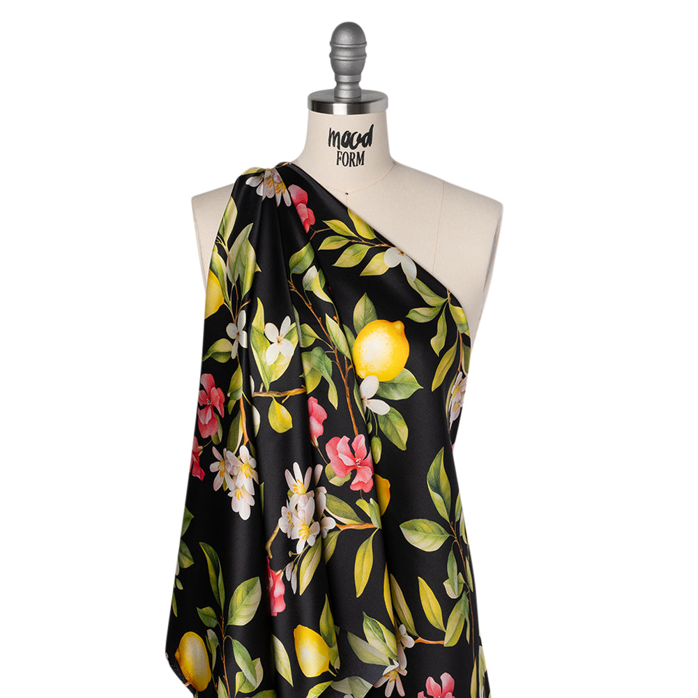 Silk Charmeuse Print 16MM, Made in Italy - Black, Green and Yellow Blossoming Lemon Tree Folded Silk Charmeuse Print 16MM, Made in Italy - Black, Green and Yellow Blossoming Lemon Tree Folded