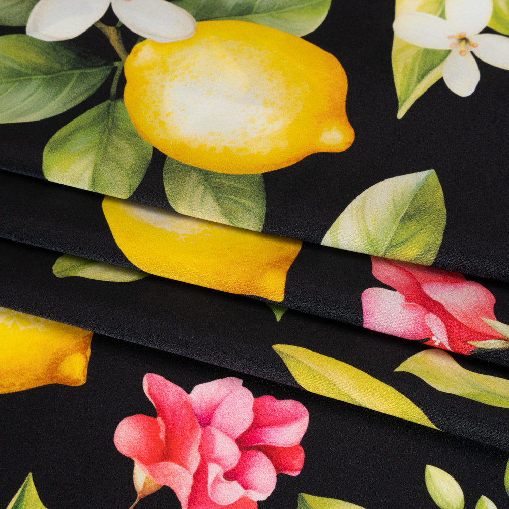 Silk Charmeuse Print 16MM, Made in Italy - Black, Green and Yellow Blossoming Lemon Tree Detail Silk Charmeuse Print 16MM, Made in Italy - Black, Green and Yellow Blossoming Lemon Tree Detail