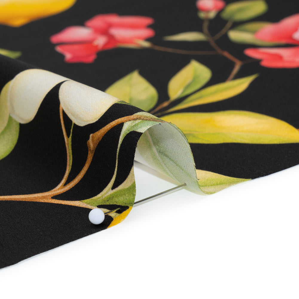 Silk Charmeuse Print 16MM, Made in Italy - Black, Green and Yellow Blossoming Lemon Tree Full Silk Charmeuse Print 16MM, Made in Italy - Black, Green and Yellow Blossoming Lemon Tree Full