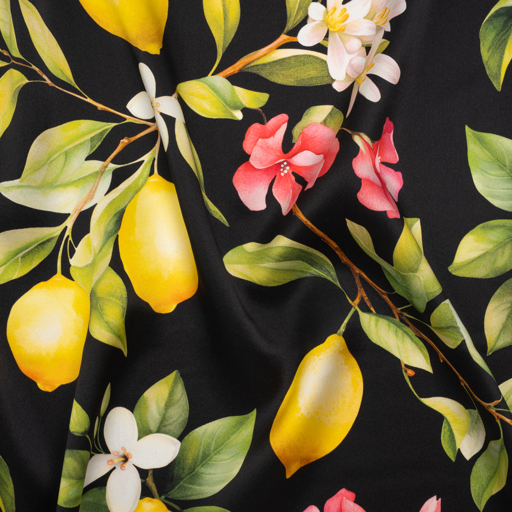 Silk Charmeuse Print 16MM, Made in Italy - Black, Green and Yellow Blossoming Lemon Tree Drape Silk Charmeuse Print 16MM, Made in Italy - Black, Green and Yellow Blossoming Lemon Tree Drape