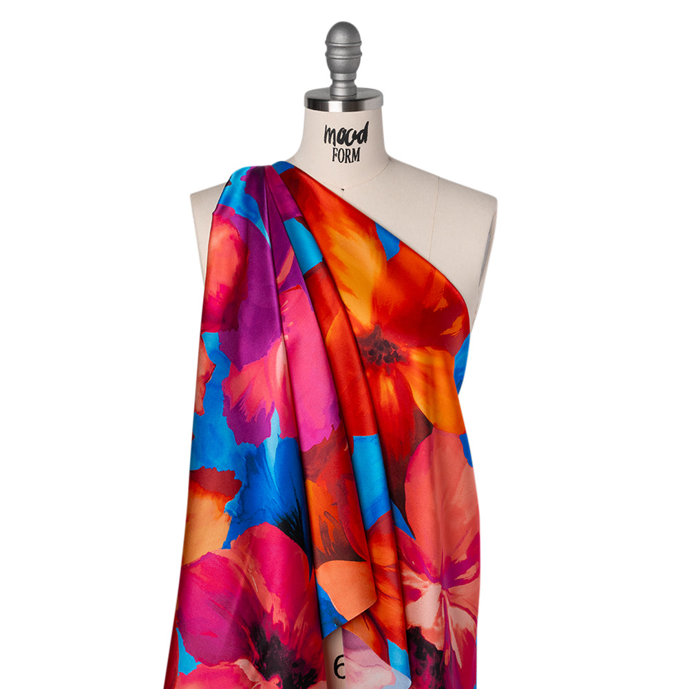 Silk Charmeuse Print 16MM, Made in Italy - Bright Pink, Coral Orange and Blue Painterly Flowers Silk Charmeuse Print 16MM, Made in Italy - Bright Pink, Coral Orange and Blue Painterly Flowers