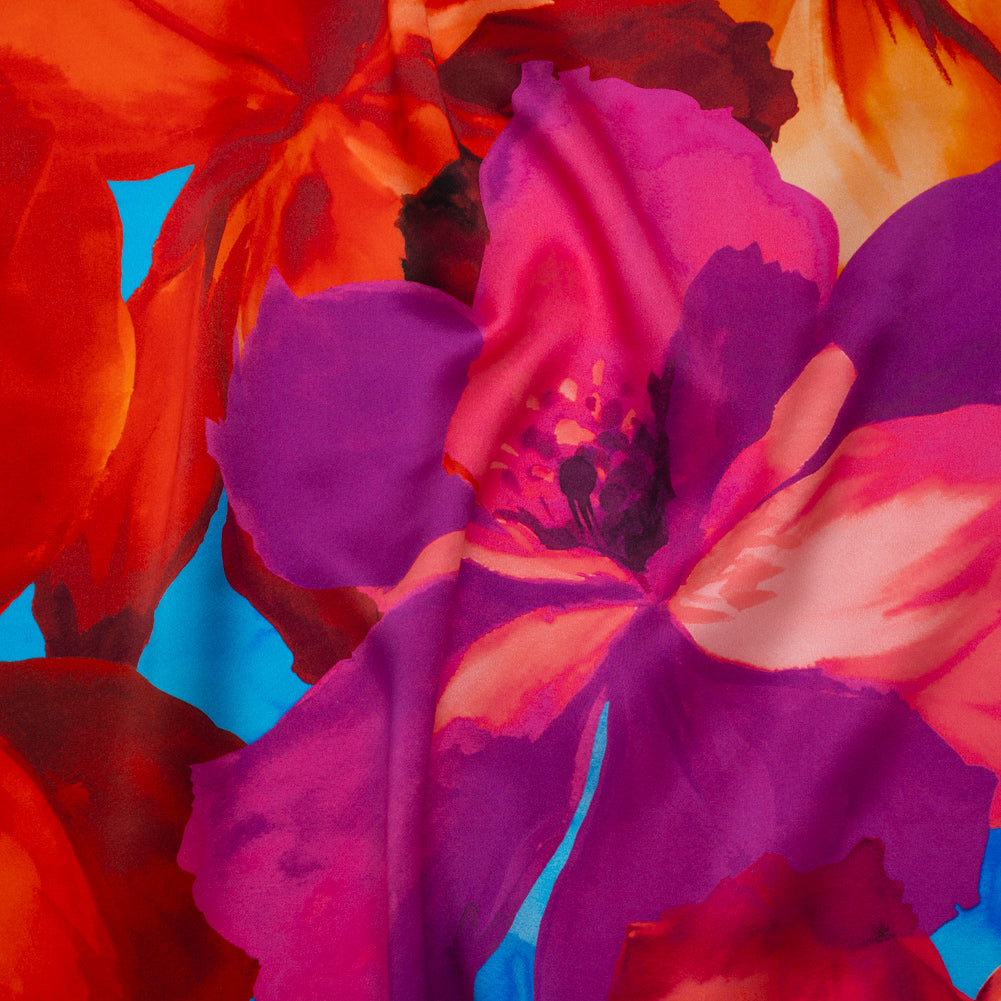 Silk Charmeuse Print 16MM, Made in Italy - Bright Pink, Coral Orange and Blue Painterly Flowers Silk Charmeuse Print 16MM, Made in Italy - Bright Pink, Coral Orange and Blue Painterly Flowers