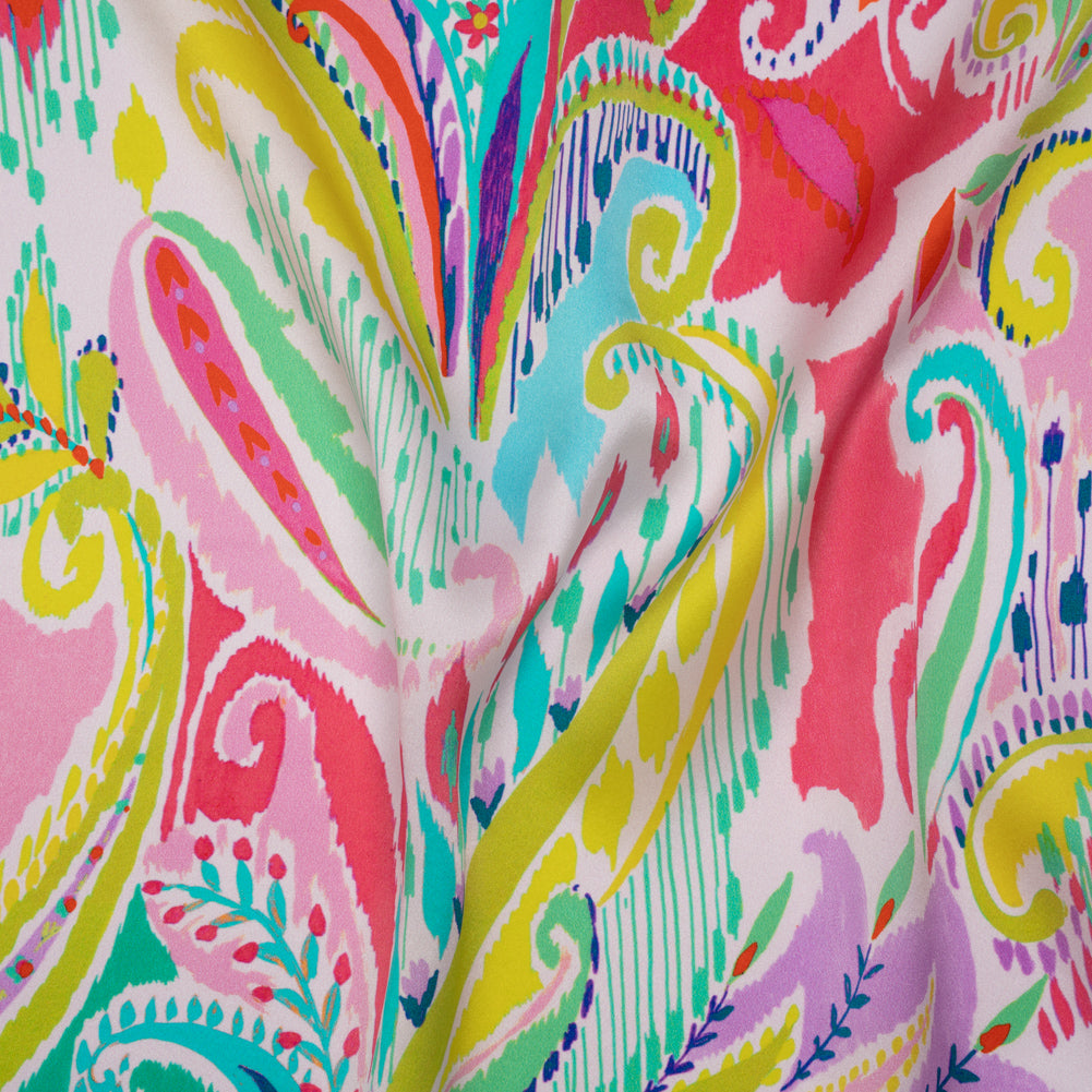 Silk Charmeuse Print 16MM, Made in Italy - White, Yellow and Purple Painterly Ikat Paisley Drape Silk Charmeuse Print 16MM, Made in Italy - White, Yellow and Purple Painterly Ikat Paisley Drape