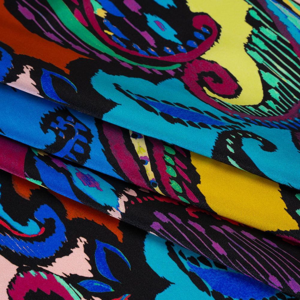 Silk Charmeuse Print 16MM, Made in Italy - Black, Turquoise and Berry Red Painterly Ikat Paisley Detail Silk Charmeuse Print 16MM, Made in Italy - Black, Turquoise and Berry Red Painterly Ikat Paisley Detail