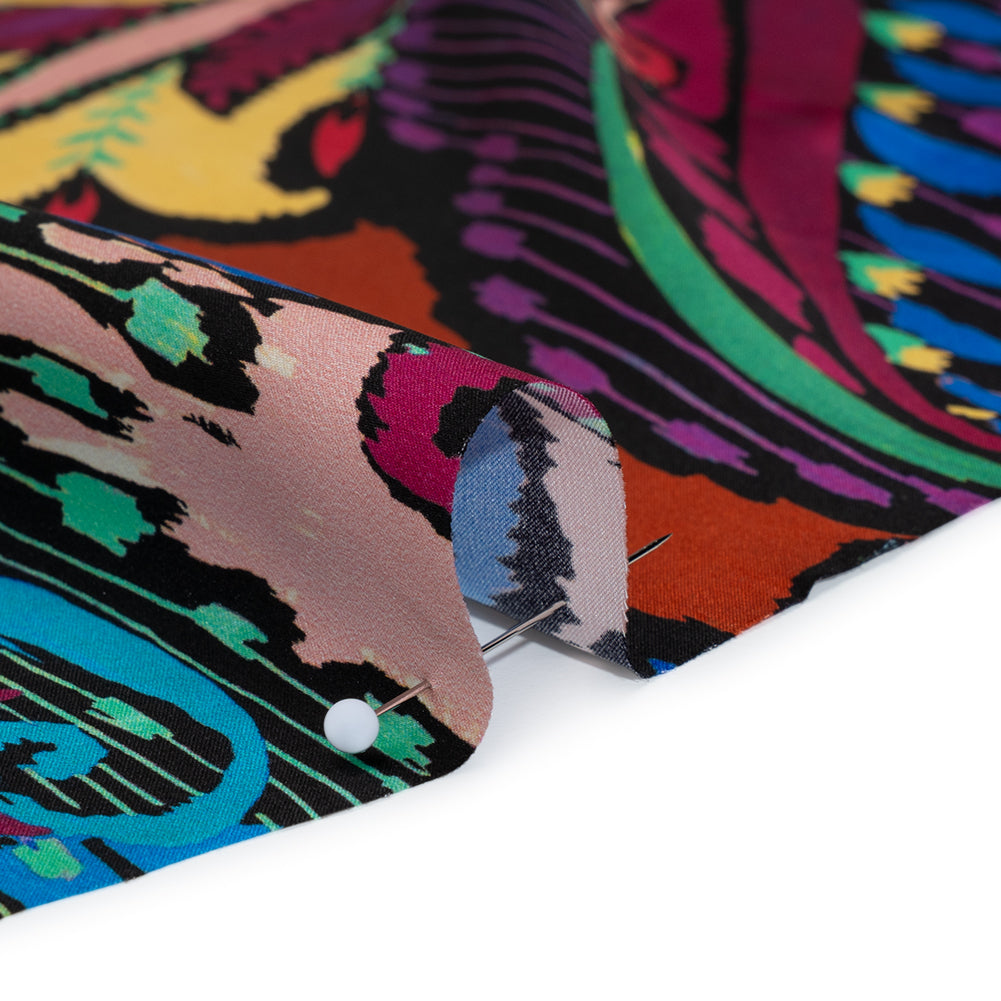 Silk Charmeuse Print 16MM, Made in Italy - Black, Turquoise and Berry Red Painterly Ikat Paisley Full Silk Charmeuse Print 16MM, Made in Italy - Black, Turquoise and Berry Red Painterly Ikat Paisley Full