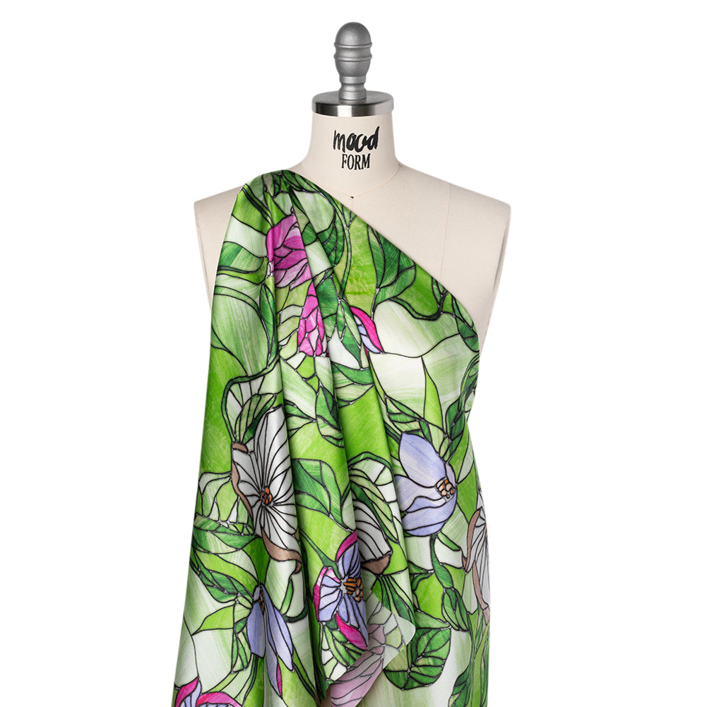 Silk Charmeuse Print 16MM, Made in Italy - Grass Green, Hot Pink and Lavender Stained Glass Flower Garden Silk Charmeuse Print 16MM, Made in Italy - Grass Green, Hot Pink and Lavender Stained Glass Flower Garden