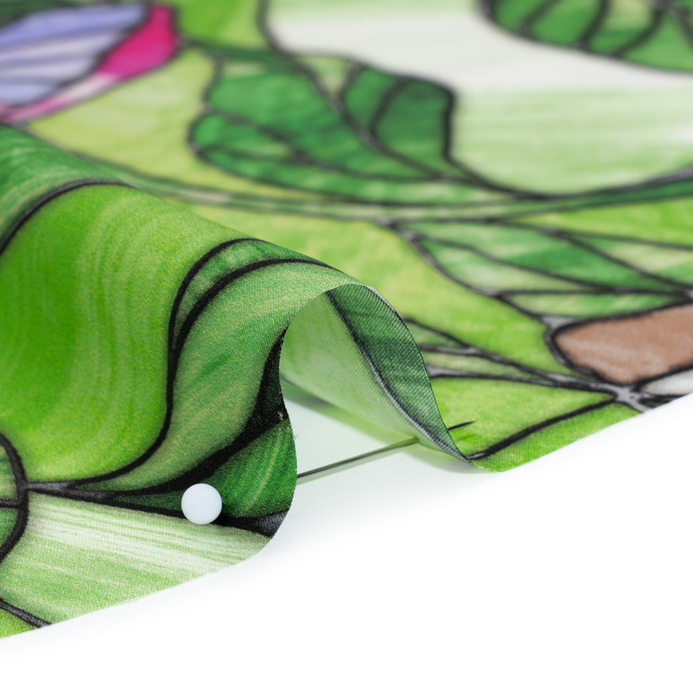 Silk Charmeuse Print 16MM, Made in Italy - Grass Green, Hot Pink and Lavender Stained Glass Flower Garden Silk Charmeuse Print 16MM, Made in Italy - Grass Green, Hot Pink and Lavender Stained Glass Flower Garden