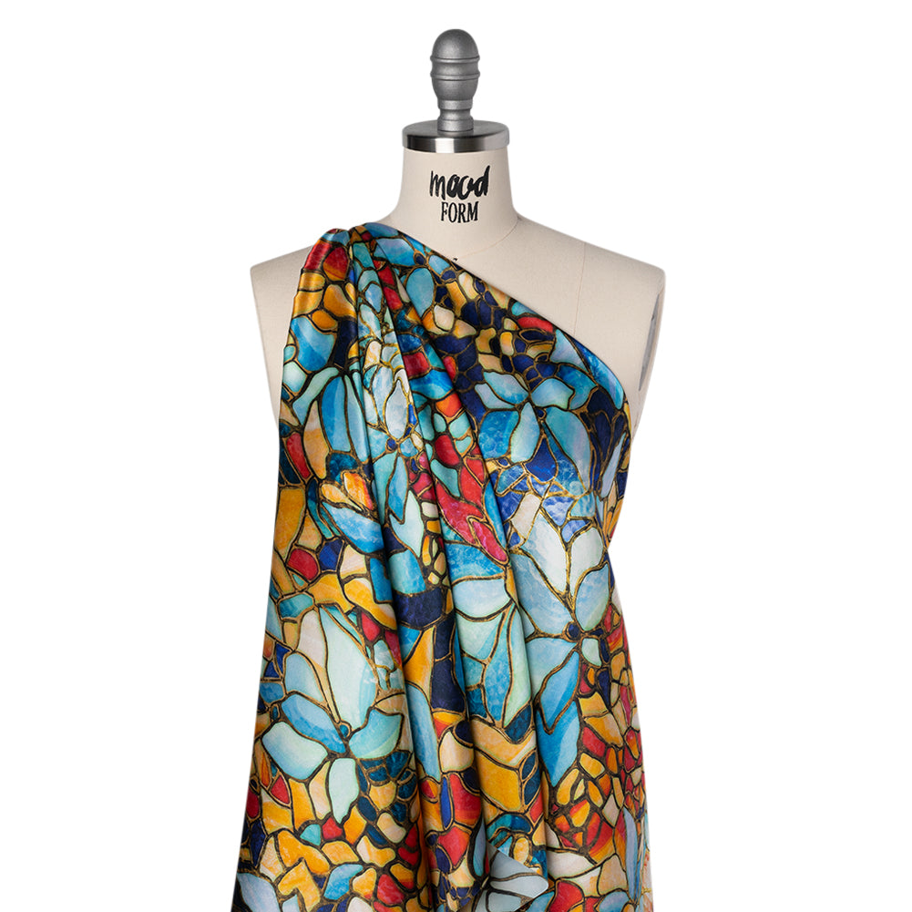 Silk Charmeuse Print 16MM, Made in Italy - Sky Blue, Golden Yellow and Red Stained Glass Flower Mosaic Folded Silk Charmeuse Print 16MM, Made in Italy - Sky Blue, Golden Yellow and Red Stained Glass Flower Mosaic Folded