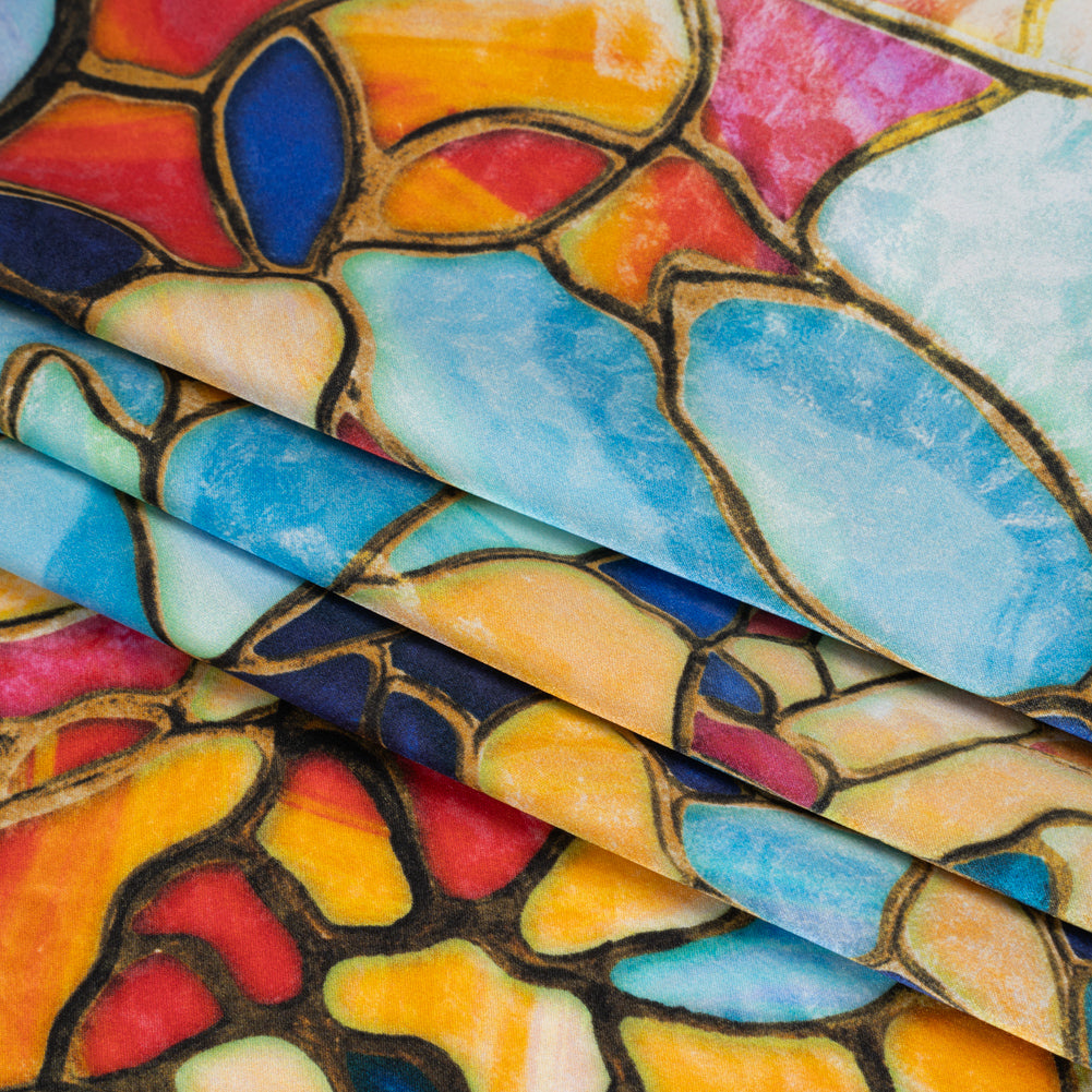 Silk Charmeuse Print 16MM, Made in Italy - Sky Blue, Golden Yellow and Red Stained Glass Flower Mosaic Detail Silk Charmeuse Print 16MM, Made in Italy - Sky Blue, Golden Yellow and Red Stained Glass Flower Mosaic Detail