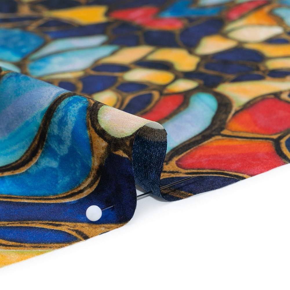 Silk Charmeuse Print 16MM, Made in Italy - Sky Blue, Golden Yellow and Red Stained Glass Flower Mosaic Full Silk Charmeuse Print 16MM, Made in Italy - Sky Blue, Golden Yellow and Red Stained Glass Flower Mosaic Full