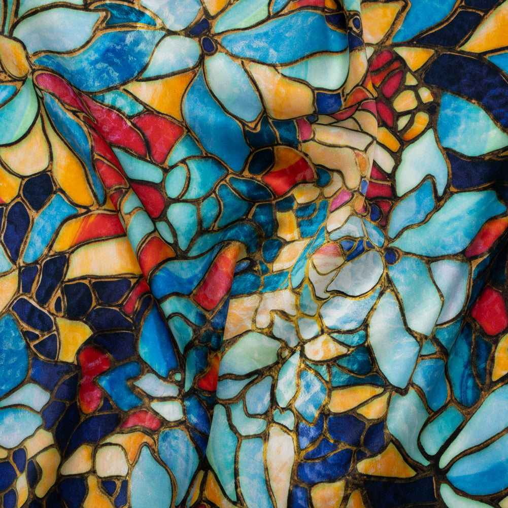 Silk Charmeuse Print 16MM, Made in Italy - Sky Blue, Golden Yellow and Red Stained Glass Flower Mosaic Drape Silk Charmeuse Print 16MM, Made in Italy - Sky Blue, Golden Yellow and Red Stained Glass Flower Mosaic Drape