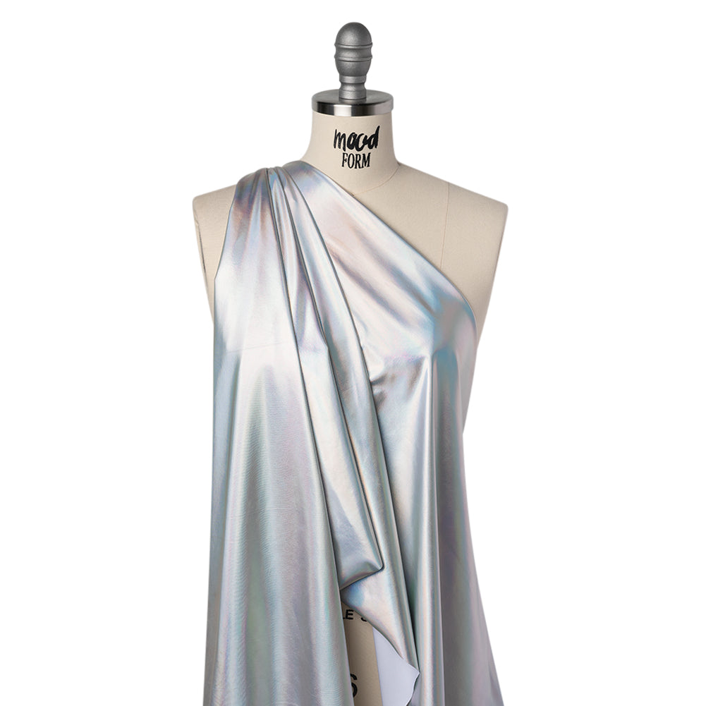 Metallic Foiled Polyester Jersey Knit - Holographic Silver - Amalthea Collection Drape Metallic Foiled Polyester Jersey Knit - Holographic Silver - Amalthea Collection Drape