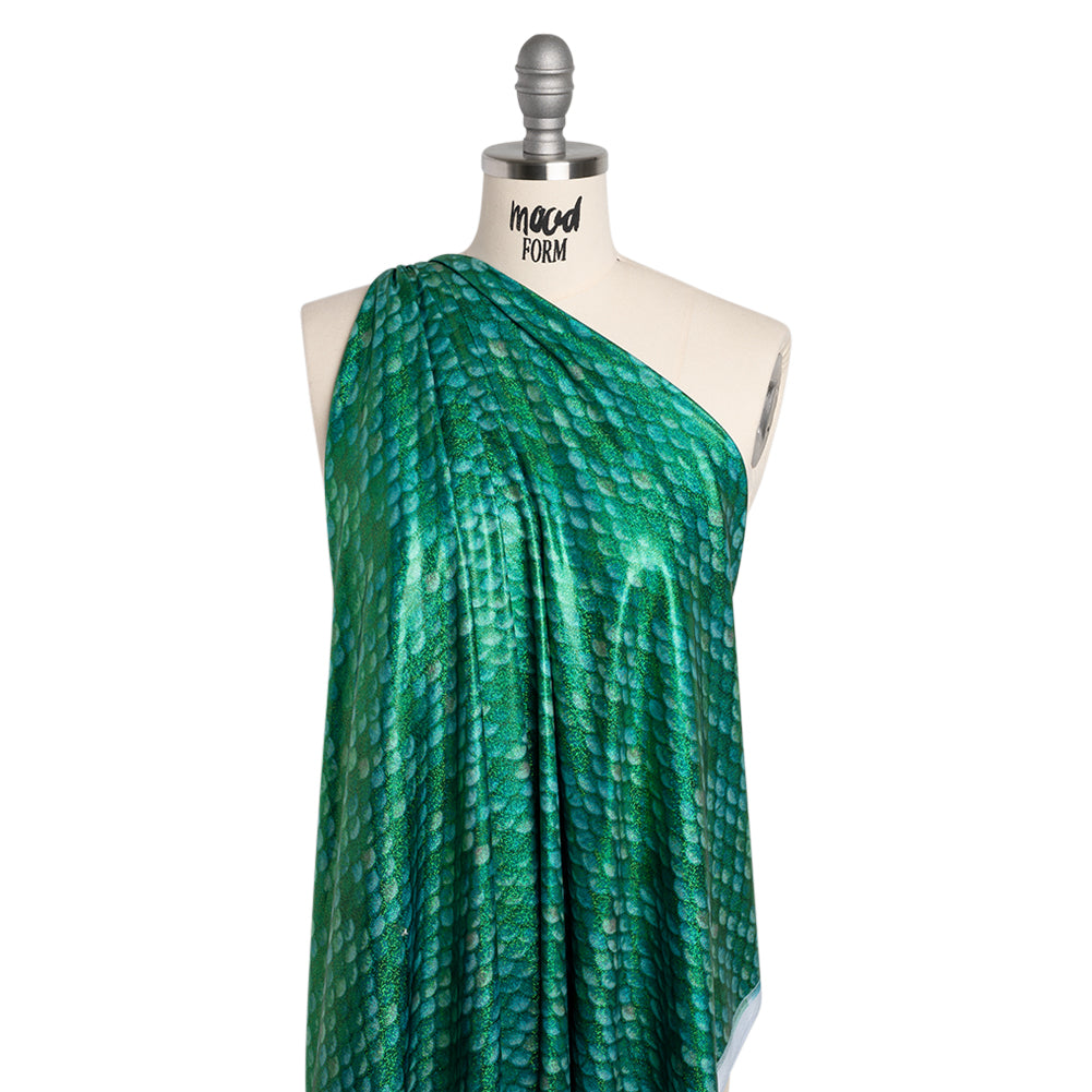 Yaya Han Metallic Foiled Stretch Spandex Polyester Jersey - Emerald Green Mermaid Scales and Tiny Dots - Cosplay Collection - Drape Yaya Han Metallic Foiled Stretch Spandex Polyester Jersey - Emerald Green Mermaid Scales and Tiny Dots - Cosplay Collection - Drape