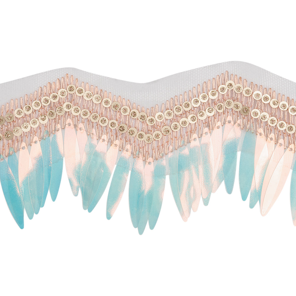 Yaya Han Iridescent Sequin Fringe on Zig Zag Braided Trim - Tango Blue, Gold and Baby Pink, 3" - Cosplay Collection - Folded Yaya Han Iridescent Sequin Fringe on Zig Zag Braided Trim - Tango Blue, Gold and Baby Pink, 3" - Cosplay Collection - Folded