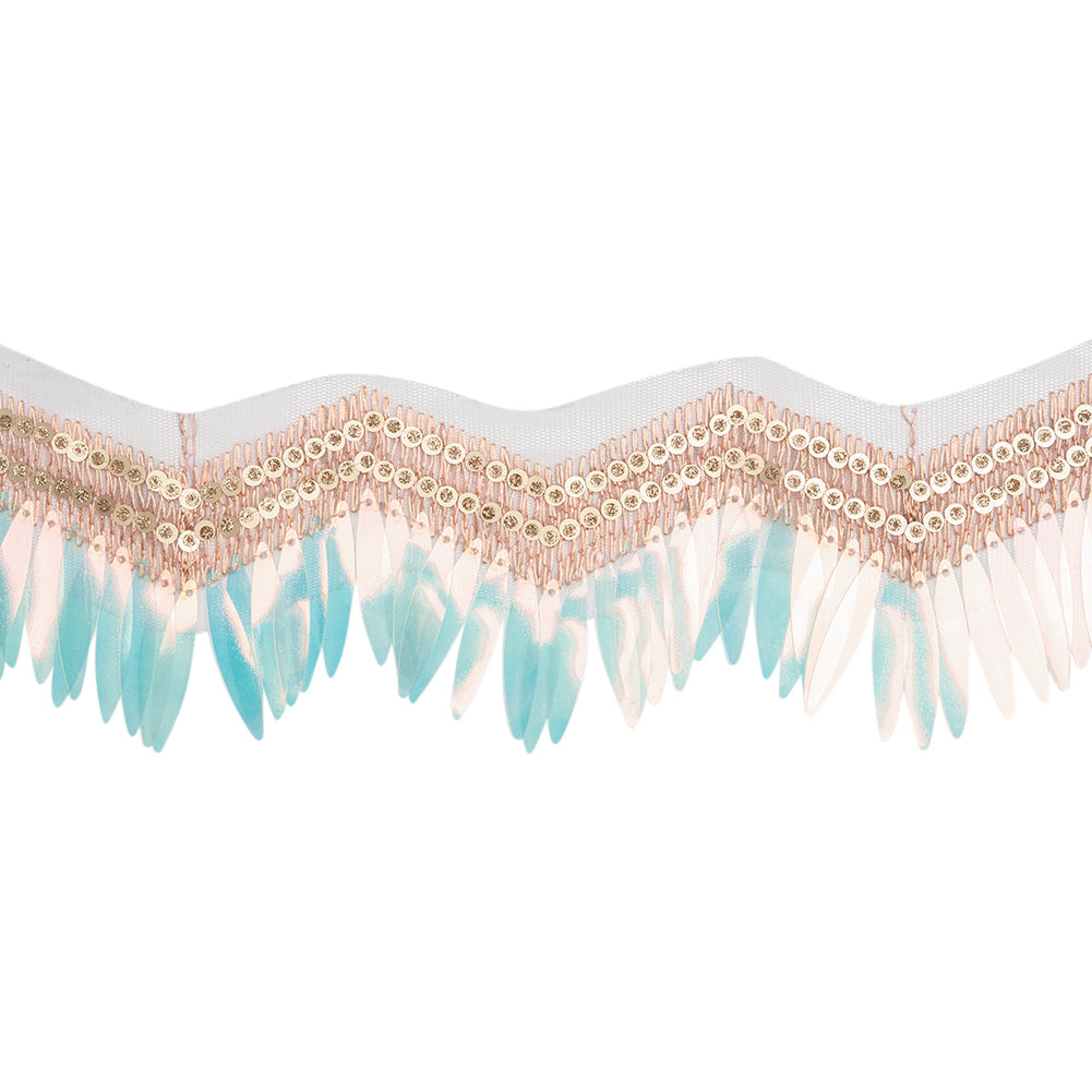 Yaya Han Iridescent Sequin Fringe on Zig Zag Braided Trim - Tango Blue, Gold and Baby Pink, 3" - Cosplay Collection Yaya Han Iridescent Sequin Fringe on Zig Zag Braided Trim - Tango Blue, Gold and Baby Pink, 3" - Cosplay Collection
