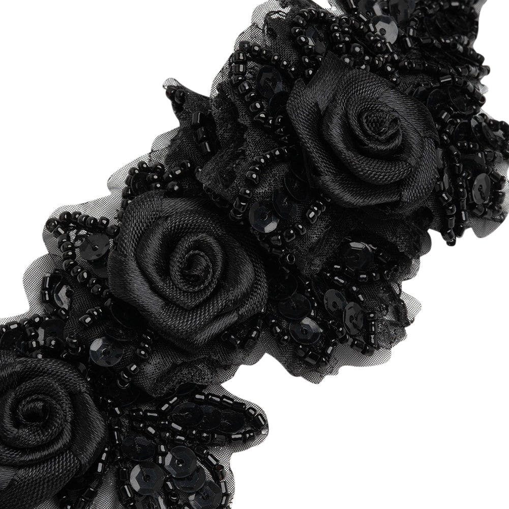 Yaya Han Beaded and Sequins Trim with 3D Roses - Black Floral, 2.5" - Cosplay Collection - Detail Yaya Han Beaded and Sequins Trim with 3D Roses - Black Floral, 2.5" - Cosplay Collection - Detail