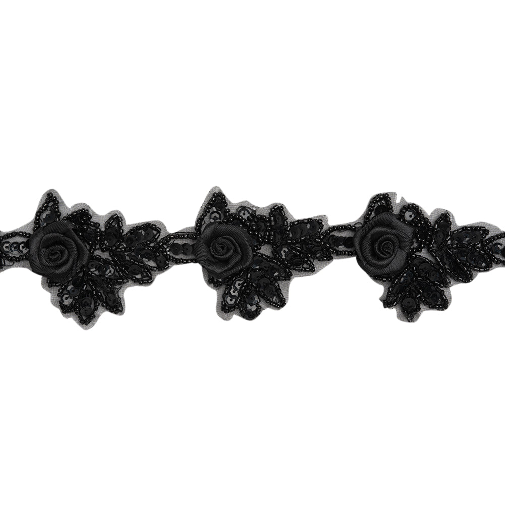 Yaya Han Beaded and Sequins Trim with 3D Roses - Black Floral, 2.5" - Cosplay Collection Yaya Han Beaded and Sequins Trim with 3D Roses - Black Floral, 2.5" - Cosplay Collection