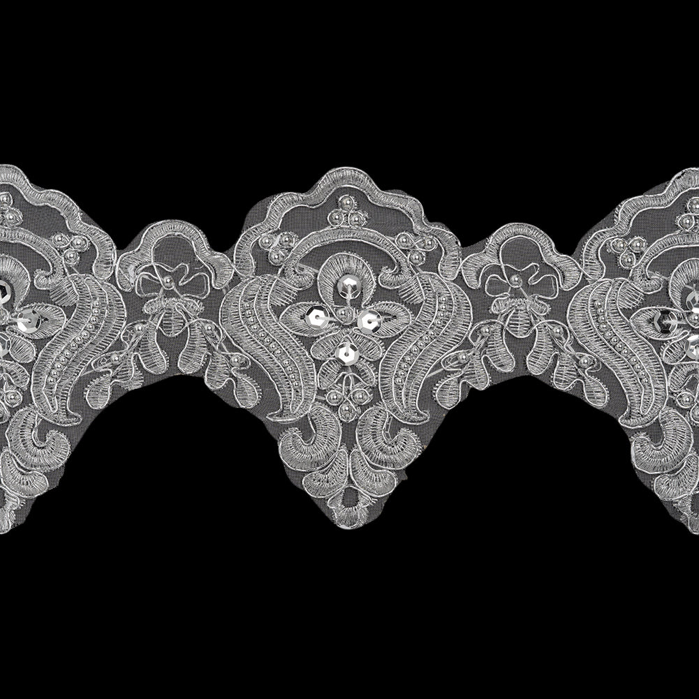 Yaya Han Metallic Corded and Beaded Embroidered Lace Trim - Silver Fae Floral Scallops, 5" - Cosplay Collection - Folded Yaya Han Metallic Corded and Beaded Embroidered Lace Trim - Silver Fae Floral Scallops, 5" - Cosplay Collection - Folded