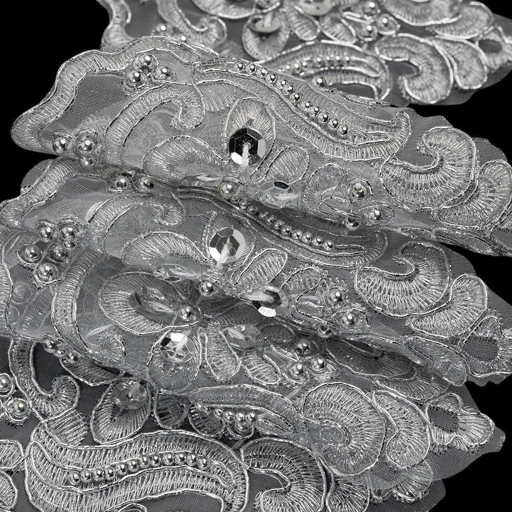 Yaya Han Metallic Corded and Beaded Embroidered Lace Trim - Silver Fae Floral Scallops, 5" - Cosplay Collection - Detail Yaya Han Metallic Corded and Beaded Embroidered Lace Trim - Silver Fae Floral Scallops, 5" - Cosplay Collection - Detail
