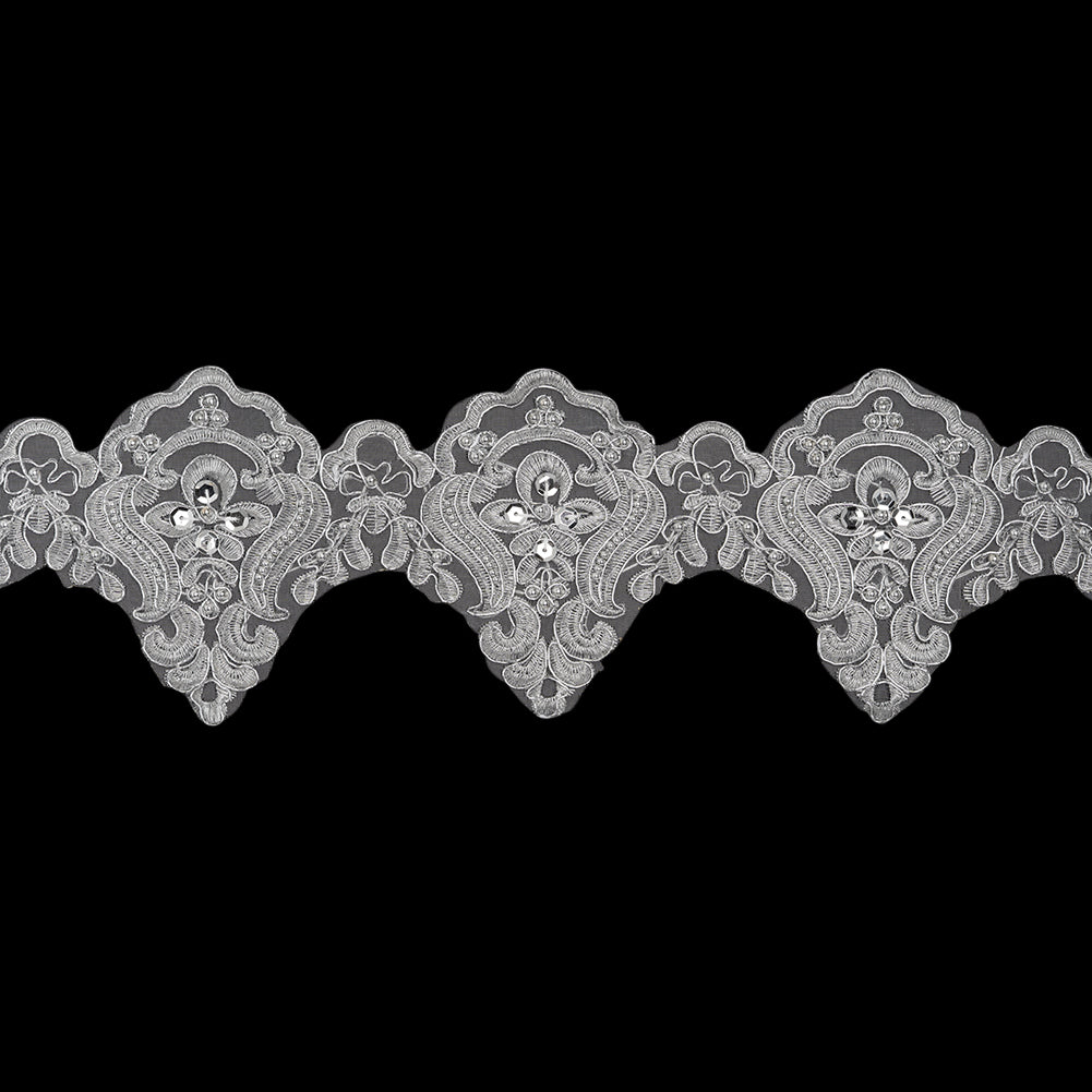 Yaya Han Metallic Corded and Beaded Embroidered Lace Trim - Silver Fae Floral Scallops, 5" - Cosplay Collection Yaya Han Metallic Corded and Beaded Embroidered Lace Trim - Silver Fae Floral Scallops, 5" - Cosplay Collection