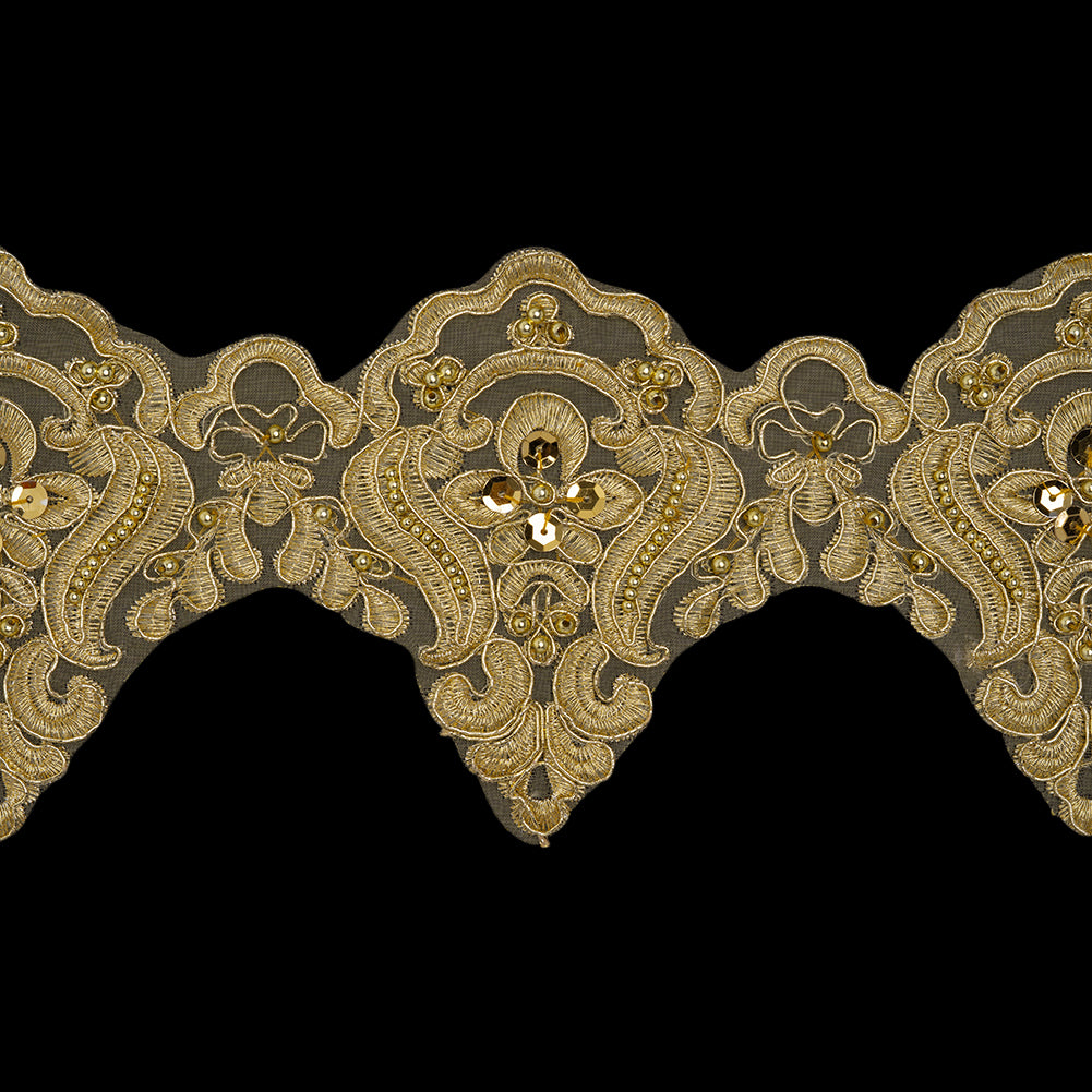 Yaya Han Metallic Corded and Beaded Embroidered Lace Trim - Gold Fae Floral Scallops, 5" - Cosplay Collection Yaya Han Metallic Corded and Beaded Embroidered Lace Trim - Gold Fae Floral Scallops, 5" - Cosplay Collection