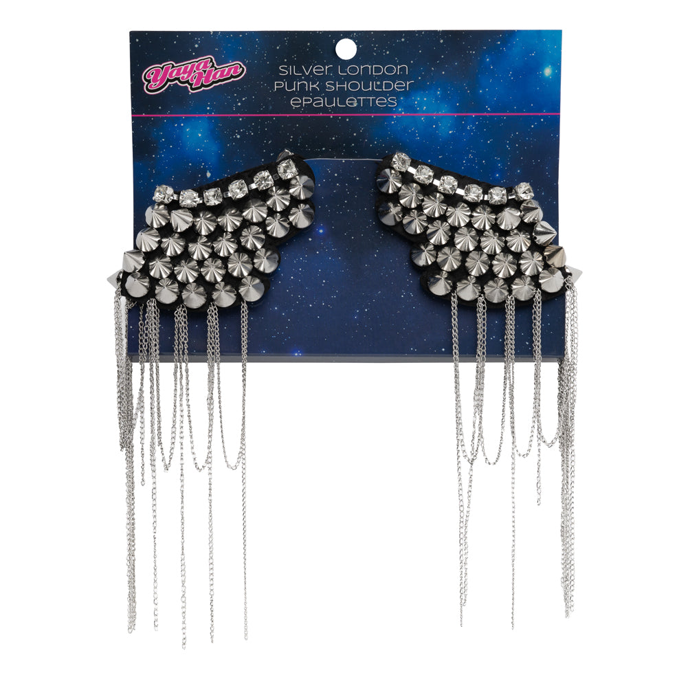 Yaya Han Rhinestones and Spikes Shoulder Epaulettes with Metal Chain Fringe - London Punk Silver and Black, 8.5" x 4.25" - Cosplay Collection Yaya Han Rhinestones and Spikes Shoulder Epaulettes with Metal Chain Fringe - London Punk Silver and Black, 8.5" x 4.25" - Cosplay Collection