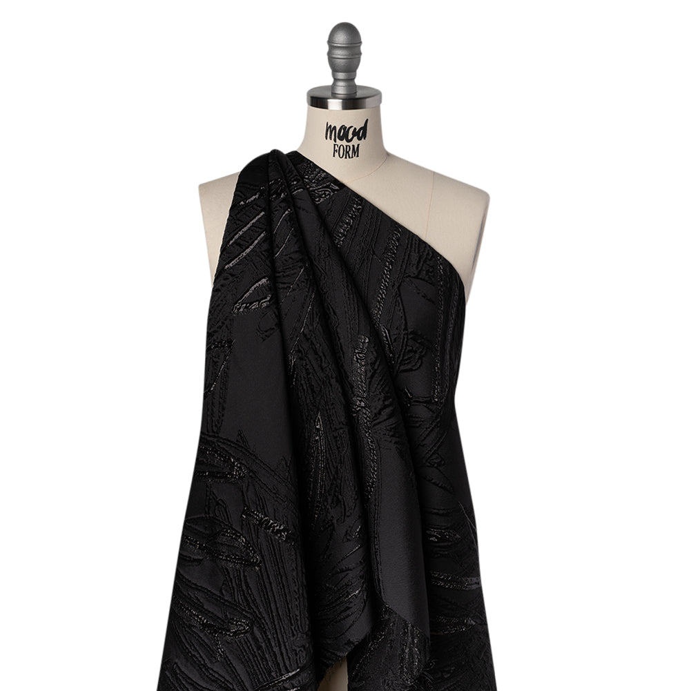 Metallic Polyester and Acetate Brocade - Black on Black Bunches of Leaves Metallic Polyester and Acetate Brocade - Black on Black Bunches of Leaves
