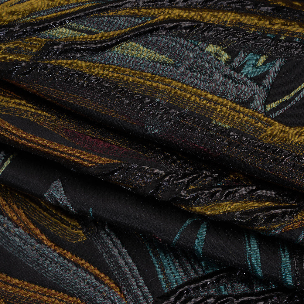 Metallic Polyester and Acetate Brocade - Dusty Teal, Mustard Yellow and Black Bunches of Leaves Metallic Polyester and Acetate Brocade - Dusty Teal, Mustard Yellow and Black Bunches of Leaves