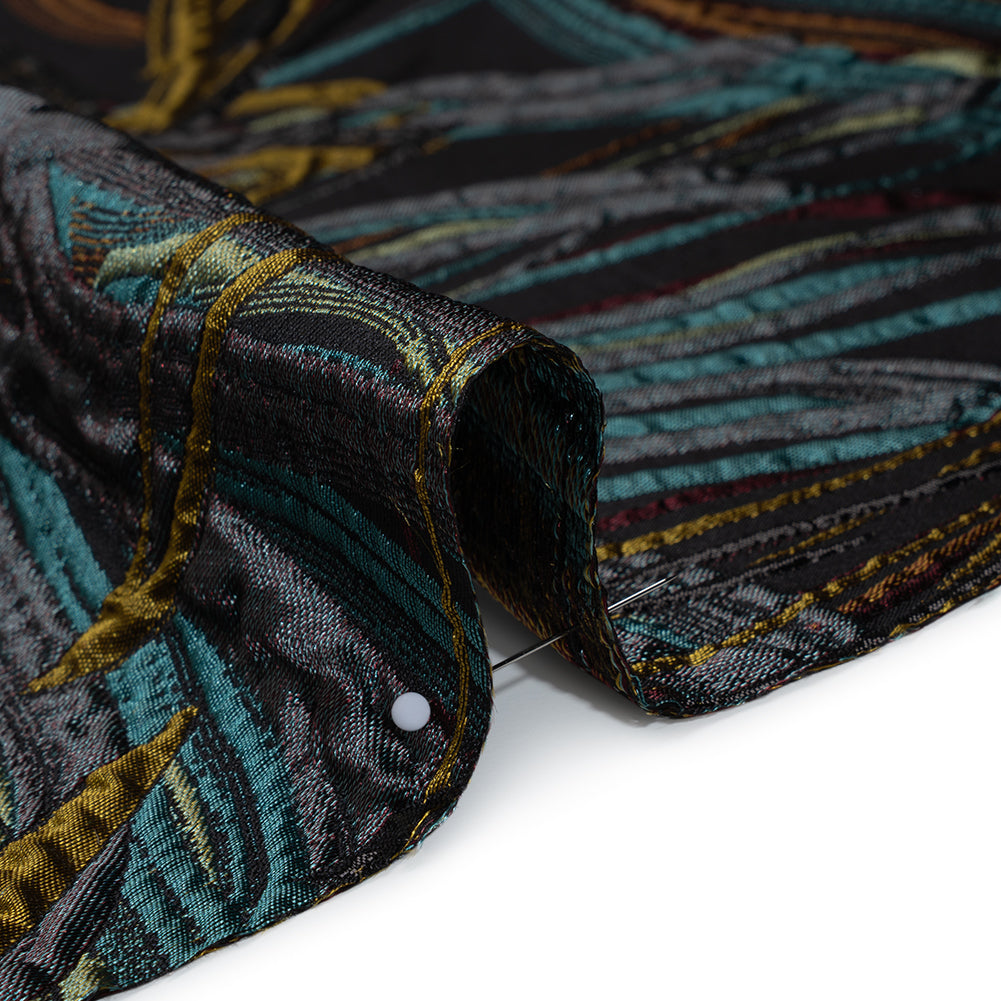 Metallic Polyester and Acetate Brocade - Dusty Teal, Mustard Yellow and Black Bunches of Leaves Metallic Polyester and Acetate Brocade - Dusty Teal, Mustard Yellow and Black Bunches of Leaves
