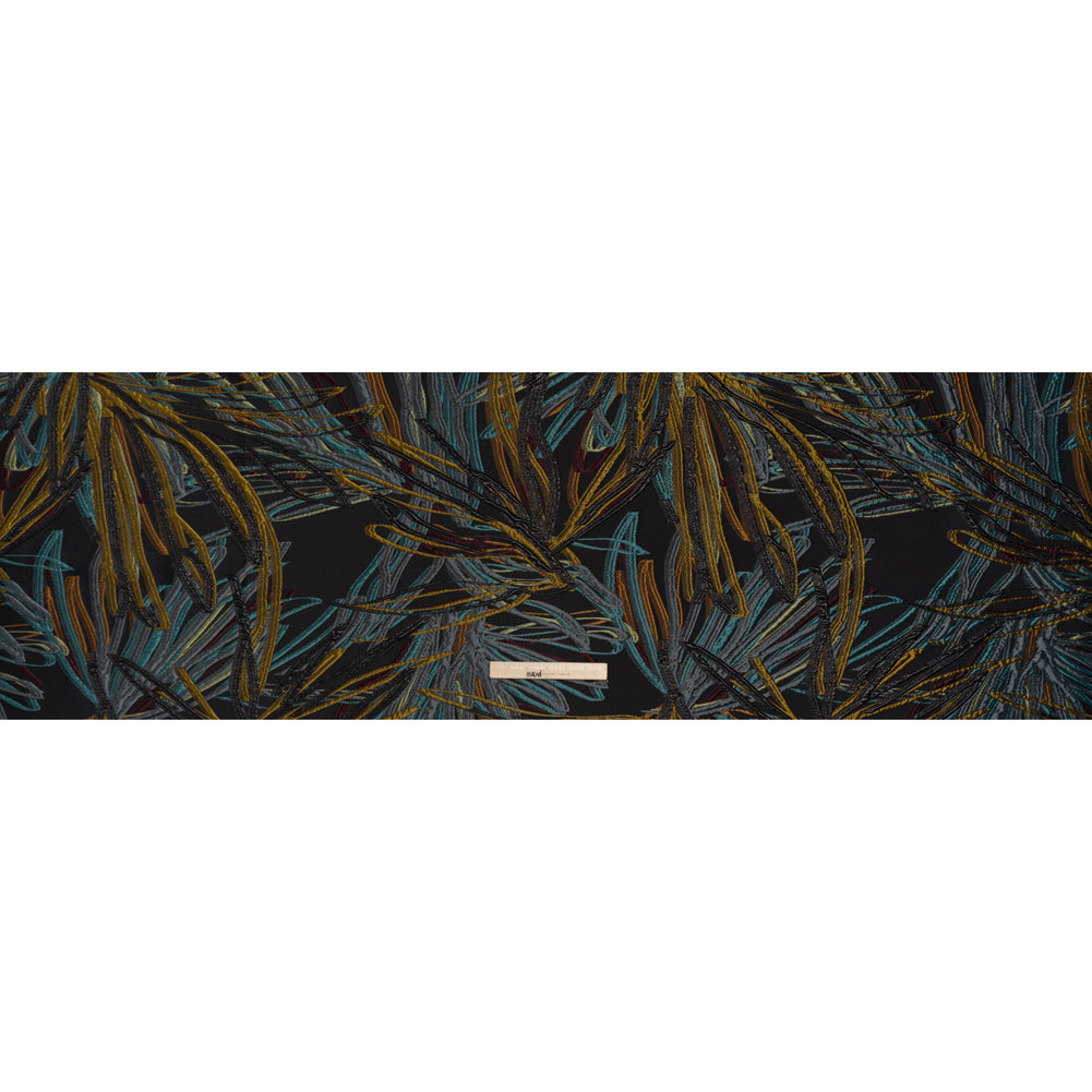 Metallic Polyester and Acetate Brocade - Dusty Teal, Mustard Yellow and Black Bunches of Leaves Metallic Polyester and Acetate Brocade - Dusty Teal, Mustard Yellow and Black Bunches of Leaves