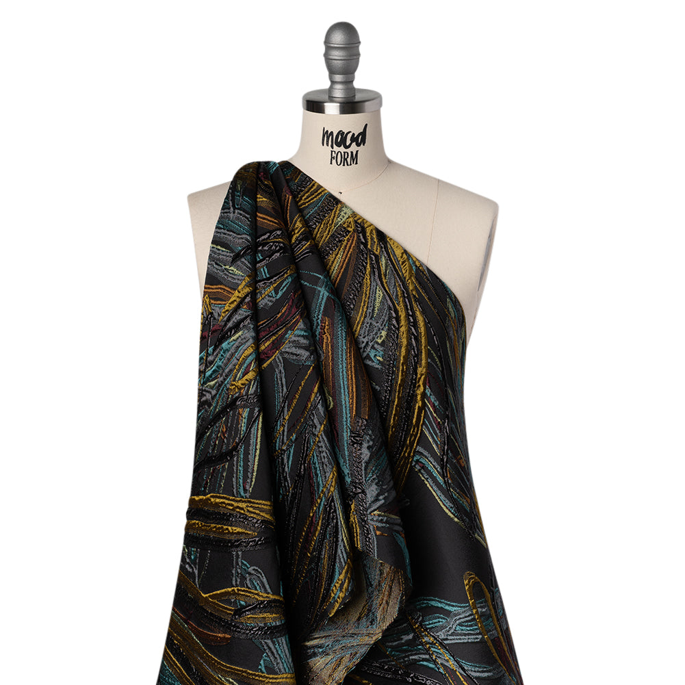 Metallic Polyester and Acetate Brocade - Dusty Teal, Mustard Yellow and Black Bunches of Leaves Metallic Polyester and Acetate Brocade - Dusty Teal, Mustard Yellow and Black Bunches of Leaves