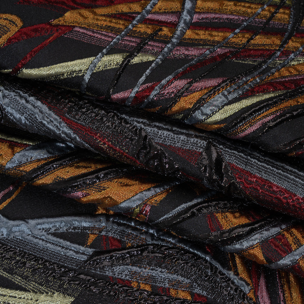 Metallic Polyester and Acetate Brocade - Golden Orange, Dusty Blue and Black Bunches of Leaves Metallic Polyester and Acetate Brocade - Golden Orange, Dusty Blue and Black Bunches of Leaves