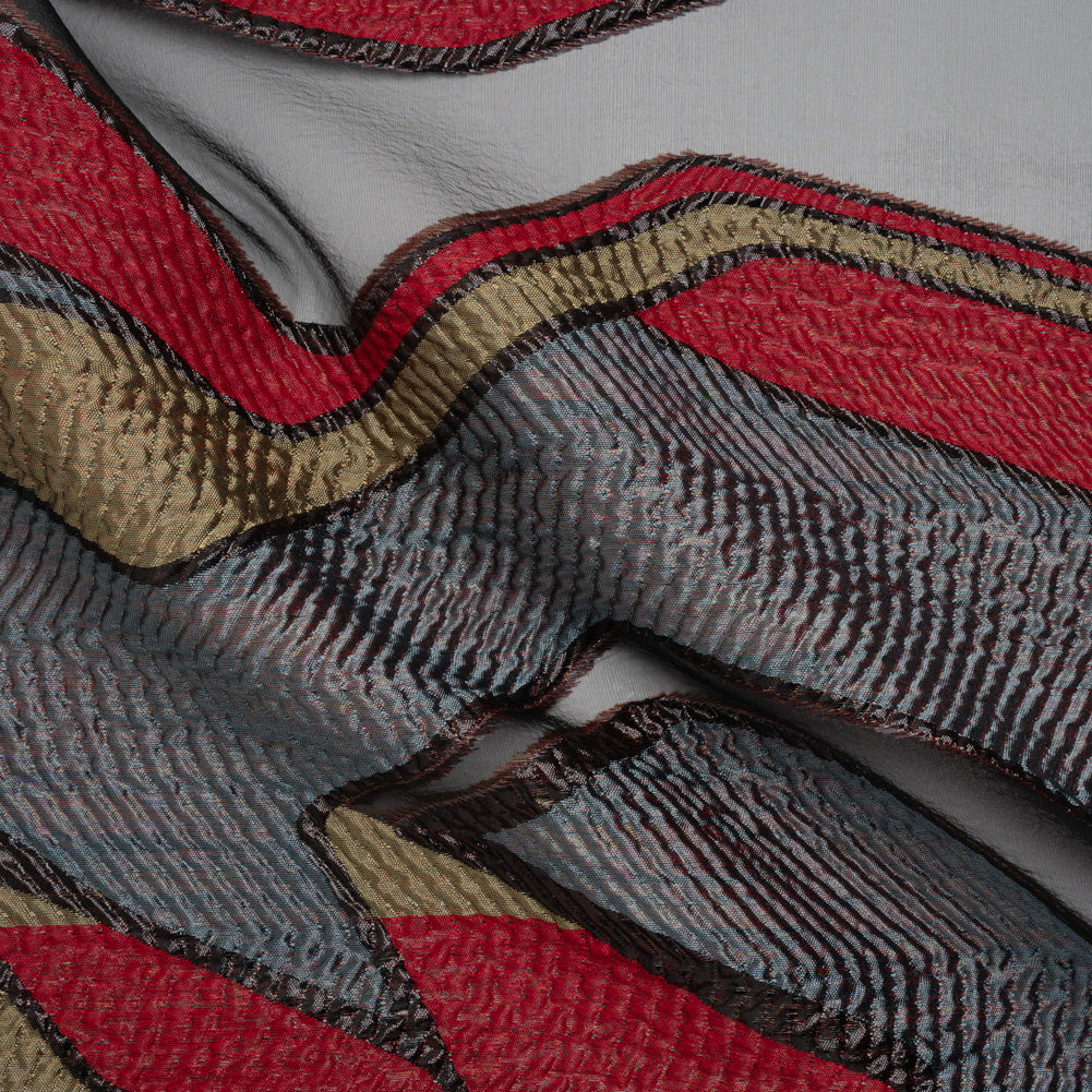Metallic Rayon and Polyester Burnout Brocade - Tan, Red and Dusty Blue Soft Geometric Abstract Metallic Rayon and Polyester Burnout Brocade - Tan, Red and Dusty Blue Soft Geometric Abstract