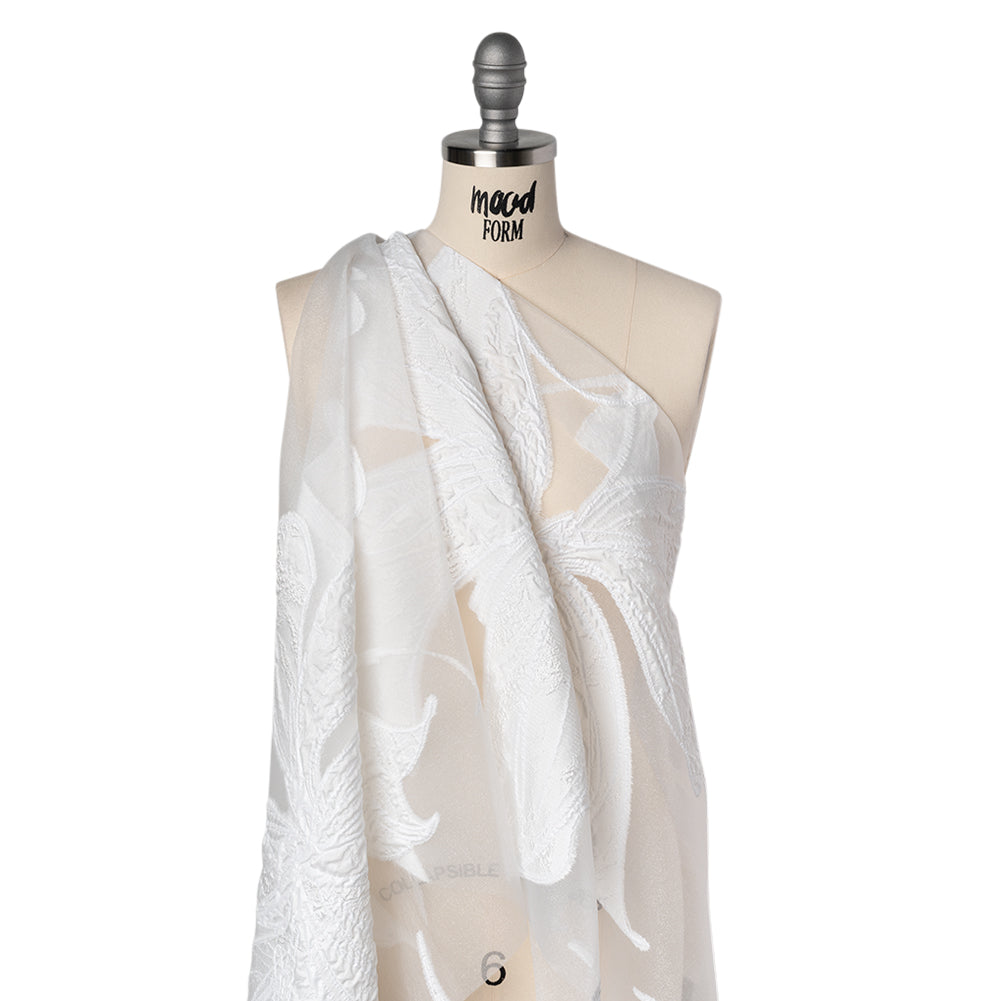 Metallic Polyester and Rayon Burnout Brocade - White Big Flowers - Drape Metallic Polyester and Rayon Burnout Brocade - White Big Flowers - Drape