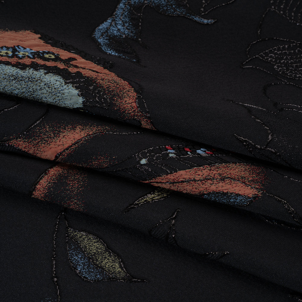 Metallic Rayon and Polyester Brocade Panel - Black, Orange and Blue Flower Bunches Folded Metallic Rayon and Polyester Brocade Panel - Black, Orange and Blue Flower Bunches Folded